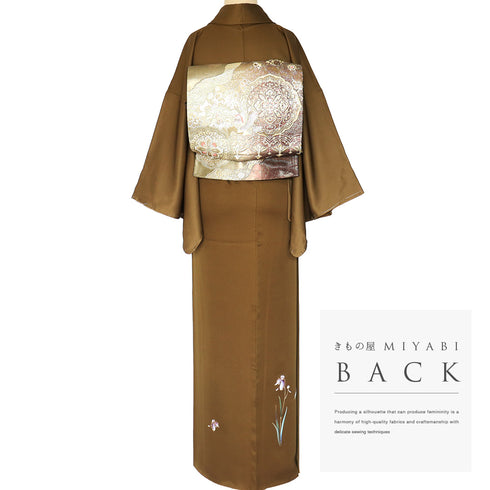 付下げ リサイクル 身丈158.4cm 裄64.4cm 袷 サギ草柄 ブラウン Mサイズ セミフォーマル しつけ糸 正絹 広衿 Sランク