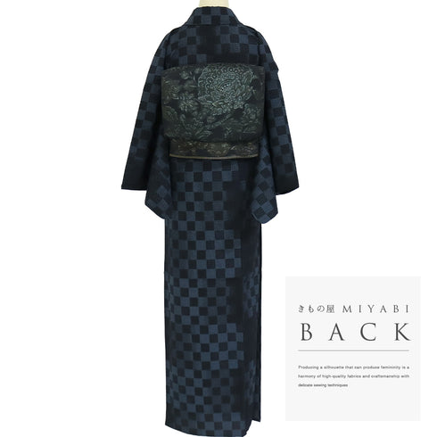 紬 リサイクル 身丈166cm 裄64.8cm 単衣 塩沢絣 市松柄 ネイビー LLサイズ お洒落 カジュアル 証紙 正絹 広衿 Sランク