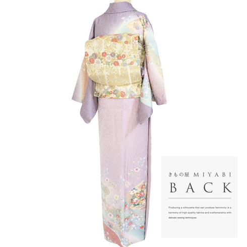 訪問着 リサイクル 身丈165cm 裄66.4cm 袷 松唐菱に菊柄 金駒刺繍 箔 パープル Lサイズ フォーマル セミフォーマル 正絹 広衿 Sランク