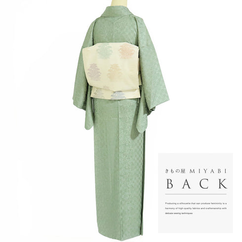 小紋 リサイクル 身丈153cm 裄62.6cm 袷 市松石畳柄 地紋 江戸小紋 グリーン Sサイズ お洒落 正絹 広衿 Sランク