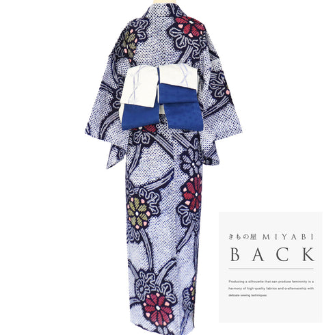 浴衣 リサイクル 夏着物 身丈152cm 裄63.6cm 夏物 絞り 菊柄 ネイビー Sサイズ カジュアル しつけ糸 木綿 洗える着物 バチ衿 Bランク