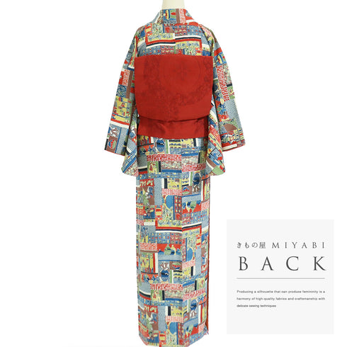 小紋 リサイクル 身丈159.5cm 裄64.8cm 袷 陶芸に花瓶や壺柄 多色 Mサイズ お洒落 カジュアル 正絹 広衿 Aランク