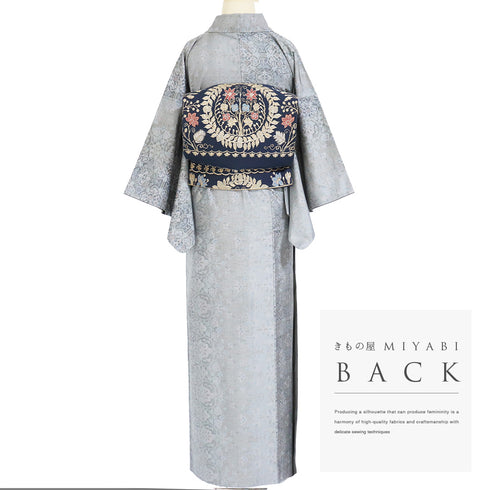 大島紬 リサイクル 身丈157.3cm 裄60.8cm 袷 有職文様 唐草柄 グレー Mサイズ カジュアル お洒落 正絹 広衿 Sランク