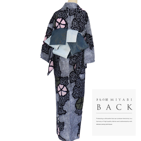 リサイクル 夏着物 身丈155.5cm 裄66cm 夏物 絞り 花柄 ネイビー Mサイズ カジュアル 木綿 洗える着物 バチ衿 Sランク