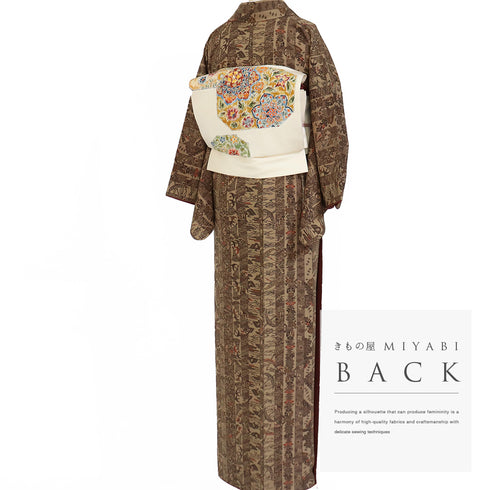 小紋 リサイクル 身丈155.2cm 裄63cm 袷 寄せ柄 ブラウン Sサイズ お洒落 カジュアル 正絹 広衿 Aランク