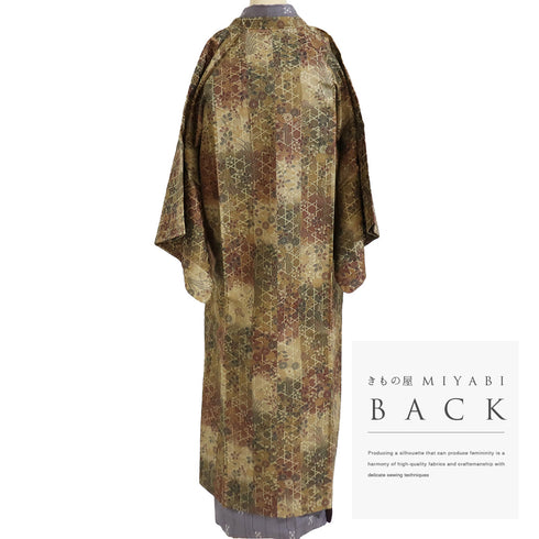 コート リサイクル 身丈133.2cm 裄66cm 袷 ロングコート 千代太衿 パールトーン加工 籠目に花草柄 ブラウン Mサイズ お洒落 正絹 Sランク