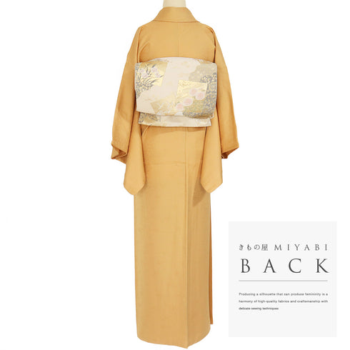 色無地 リサイクル 身丈154.6cm 裄63.2cm 袷 花唐草に桐柄 オレンジ Sサイズ お洒落 正絹 広衿 地紋あり Sランク