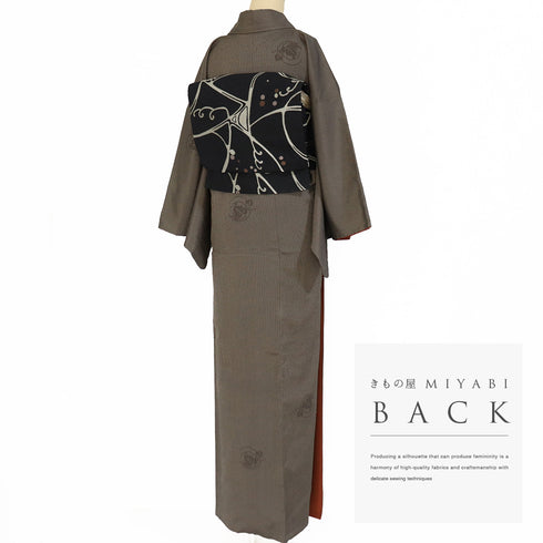 小紋 リサイクル 身丈65.2cm 裄67.4cm 袷 お召し 縞模様 葡萄柄 ブラウン 規格外サイズ お洒落 正絹 広衿 Sランク