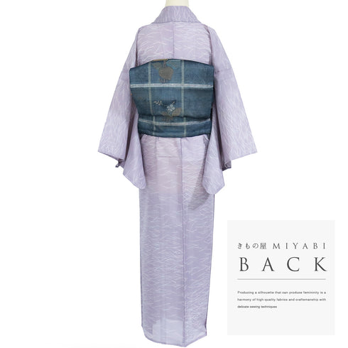 小紋 リサイクル 夏着物 身丈156.8cm 裄64.8cm 絽 松葉柄 パープル Mサイズ お洒落 ポリエステル 洗える着物 広衿 Sランク