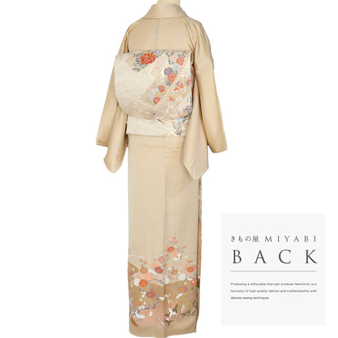 色留袖 リサイクル 身丈164cm 裄66.4cm 袷 鴛鴦に菊や松柄 比翼無し ベージュ Lサイズ 一つ紋 正絹 広衿 Sランク