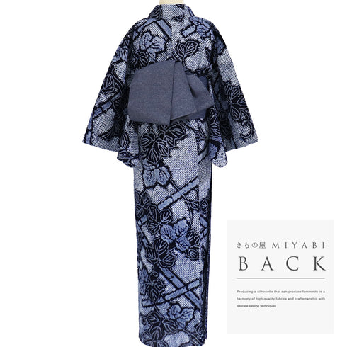 浴衣 リサイクル 夏着物 身丈160.8cm 裄66cm 夏物 蔓柄 絞り ゆったり ネイビー Lサイズ カジュアル 木綿 洗える着物 バチ衿 Aランク