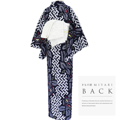 浴衣 リサイクル 夏着物 身丈152.3cm 裄62cm 夏物 絞り 花柄 ネイビー Sサイズ カジュアル しつけ糸 木綿 洗える着物 バチ衿 Sランク