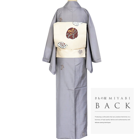 紬 リサイクル 身丈163.4cm 裄68.4cm 袷 ランプ柄 織り出し柄 パープル Lサイズ お洒落 正絹 広衿 Sランク