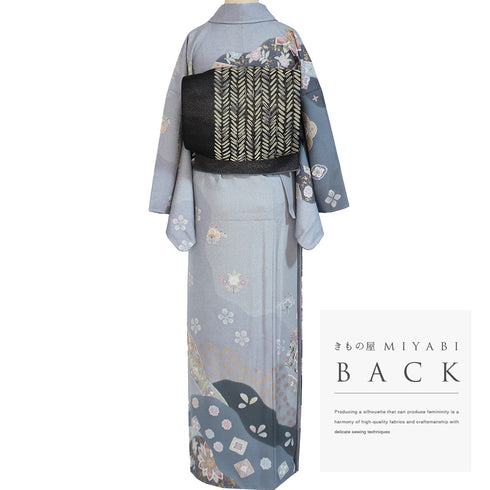 訪問着 リサイクル 身丈166cm 裄66.8cm 袷 道長取りに華文柄 金駒刺繍 ゆったりサイズ ブルー LLサイズ フォーマル セミフォーマル しつけ糸 正絹 広衿 Sランク