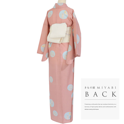 浴衣 リサイクル 夏着物 身丈166.5cm 裄67.2cm 夏物 丸に花やうさぎ柄 ピンク LLサイズ カジュアル ポリエステル 洗える着物 バチ衿 Sランク