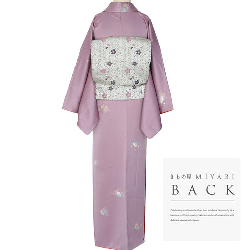 小紋 リサイクル 身丈171.5cm 裄68.4cm 袷 パールトーン加工 花柄 飛び柄 大和の歴史 パープル LLサイズ お洒落 証紙 しつけ糸 正絹 広衿 Sランク