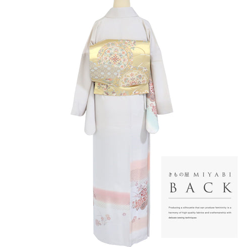 訪問着 リサイクル 身丈153.8cm 裄66cm 袷 花車柄 ぼかし 汕頭刺繍 相良刺繍 箔 グレー Sサイズ セミフォーマル お洒落 正絹 広衿 Bランク