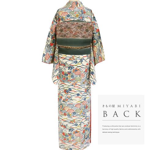 小紋 リサイクル 身丈157.3cm 裄65.6cm 袷 青海派 露芝 花車 蝶々 アイボリー Mサイズ お洒落 カジュアル 正絹 広衿 Sランク