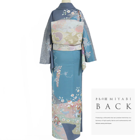 訪問着 リサイクル 身丈165.7cm 裄68.4cm 袷 菊柄 金駒刺繍 絞り 重ね衿付き ブルー LLサイズ セミフォーマル 正絹 広衿 Sランク