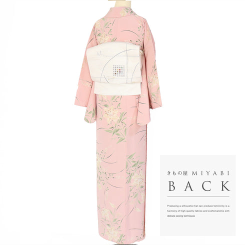 小紋 リサイクル 身丈168cm 裄65.5cm 単衣 百合柄 ピンク LLサイズ カジュアル ポリエステル 洗える着物 広衿 Aランク