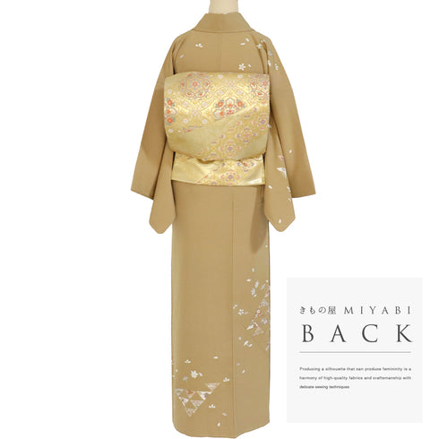 訪問着 身丈161.5cm 裄64.4cm 袷 うろこに宝尽くし柄 金駒刺繍 箔 パールトーン加工 ブラウン Lサイズ セミフォーマル しつけ糸 正絹 広衿 Sランク