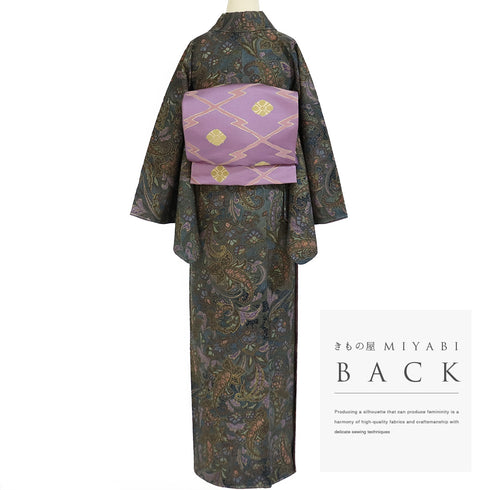 小紋 リサイクル 身丈160.8cm 裄68.4cm 袷 抽象柄 グリーン Lサイズ お洒落 カジュアル しつけ糸 正絹 広衿 Sランク