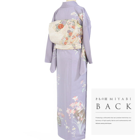 訪問着 リサイクル 身丈175.5cm 裄68.2cm 袷 花柄 箔 パープル LLサイズ セミフォーマル 正絹 広衿 Aランク