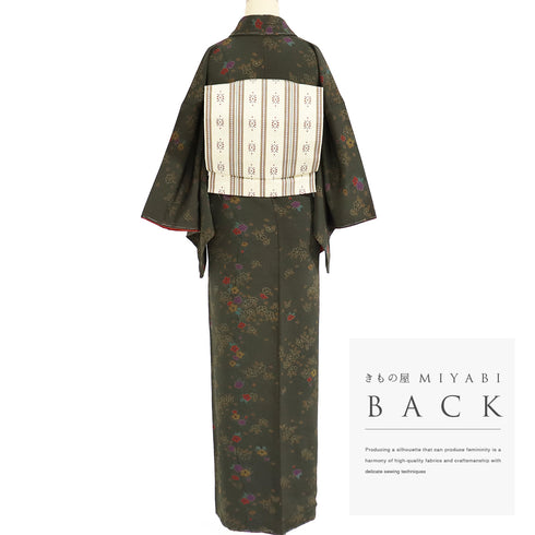 小紋 リサイクル 身丈163.2cm 裄63.6cm 袷 小花散らし柄 グリーン Lサイズ お洒落 カジュアル しつけ糸 正絹 広衿 Sランク