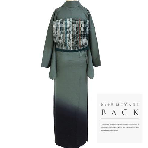 訪問着 リサイクル 身丈165.8cm 裄68.4cm 袷 裾ぼかし柄 箔 地紋 グリーン LLサイズ お洒落 正絹 広衿 Sランク