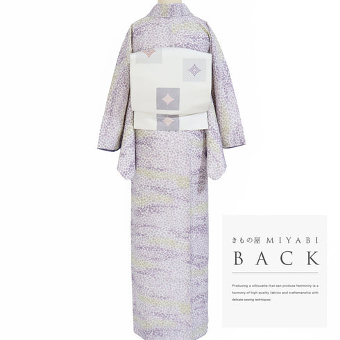 小紋 リサイクル 身丈158.5cm 裄66.4cm 袷 地紋 パープル Mサイズ お洒落 カジュアル ポリエステル 洗える着物 広衿 Sランク