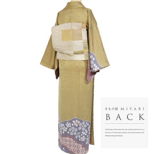 訪問着 リサイクル 身丈159cm 裄65cm 袷 観世水 花柄 部分絞り ベージュ サイズ セミフォーマル お洒落 一つ紋 正絹 広衿 Sランク