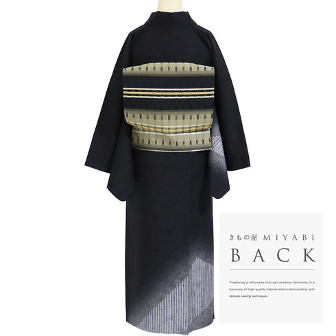訪問着 リサイクル 身丈160.5cm 裄65.8cm 袷 幾何学柄 地紋 ブラック Lサイズ お洒落 落款 正絹 広衿 Sランク