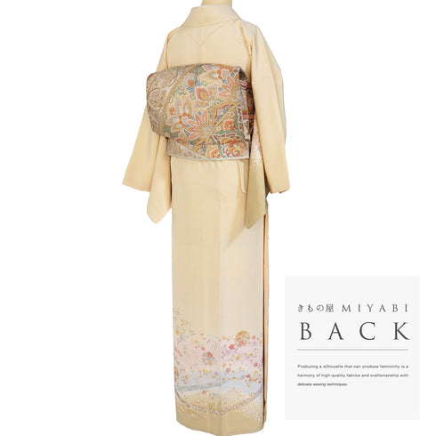 付下げ リサイクル 身丈165.3cm 裄66.4cm 袷 雪輪に枝垂れ桜柄 金駒刺繍 箔 ベージュ Lサイズ フォーマル セミフォーマル しつけ糸 正絹 広衿 Sランク