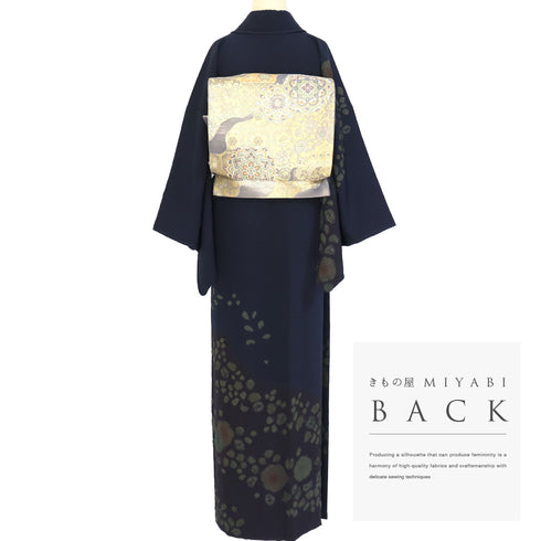 訪問着 リサイクル 裄66.2cm 袷 辻ヶ花風模様 絞り ネイビー Lサイズ お洒落 正絹 広衿 Sランク