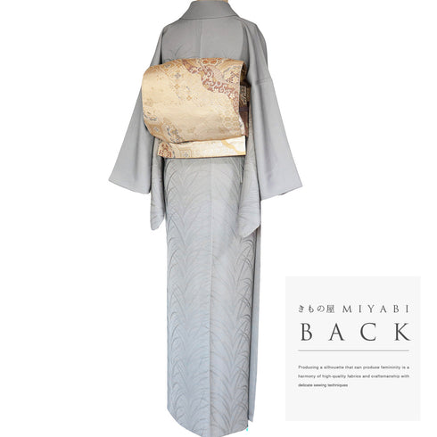 付下げ リサイクル 身丈159cm 裄66.4cm 袷 地紋 大王松模様 グレー Mサイズ セミフォーマル お洒落 落款 正絹 広衿 Sランク