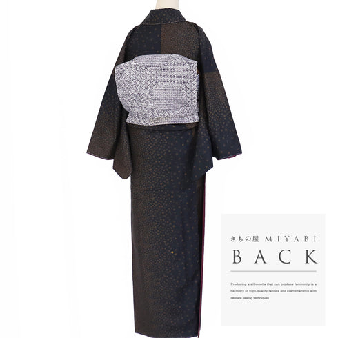 紬 リサイクル 身丈158.3cm 裄67.4cm 袷 ゆったりサイズ 小草花 部分刺繍 京繍黄八丈18算 ブラック Mサイズ お洒落 カジュアル 証紙 しつけ糸 正絹 広衿 Sランク