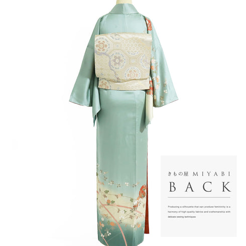 付下げ リサイクル 身丈164.5cm 裄65.2cm 袷 雪輪 花柄 地紋 箔加工 グリーン Lサイズ セミフォーマル お洒落 正絹 広衿 Sランク