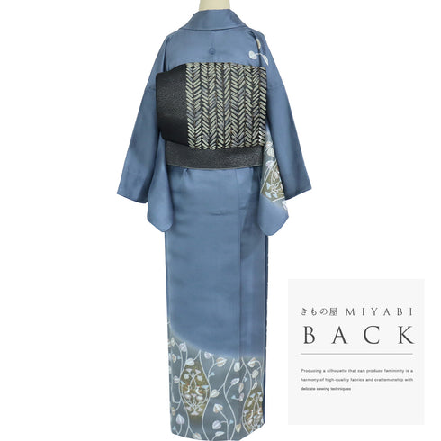 訪問着 リサイクル 身丈155cm 裄63.6cm 袷 葵の葉柄 箔 ブルー Sサイズ セミフォーマル 一つ紋 正絹 広衿 Sランク