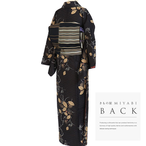 小紋 リサイクル 身丈162.8cm 裄66.4cm 袷 デザイン花柄 ブラック Lサイズ お洒落 カジュアル ポリエステル 洗える着物 広衿 Sランク