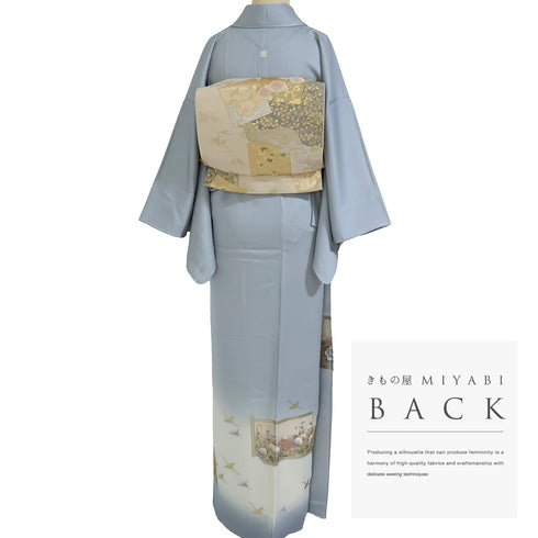 訪問着 リサイクル 身丈161.7cm 裄64.4cm 袷 鶴柄 牡丹柄 金彩 四季花模様 比翼無し グレー Lサイズ セミフォーマル 一つ紋 正絹 広衿 Sランク