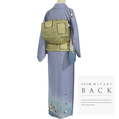 訪問着 身丈164.7cm 裄68.8cm 袷 源氏車に菊柄 千地泰弘 パープル Lサイズ お洒落 落款 正絹 広衿 Sランク