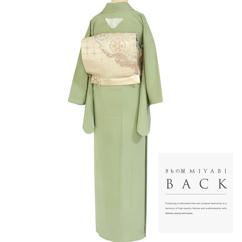 色無地 リサイクル 身丈160cm 裄65cm 袷 グリーン Mサイズ セミフォーマル お洒落 一つ紋 しつけ糸 正絹 広衿 地紋なし Sランク