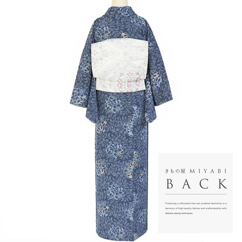 小紋 リサイクル 身丈155cm 裄64.6cm 袷 たたきに蔓草花模様 ブルー Sサイズ お洒落 カジュアル 正絹 広衿 Sランク