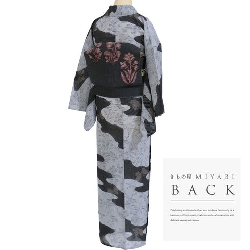 小紋 リサイクル 夏着物 身丈155.5cm 裄66cm 夏物 葉柄 霞に蝶柄 グレー Mサイズ カジュアル ポリエステル 洗える着物 広衿 Aランク