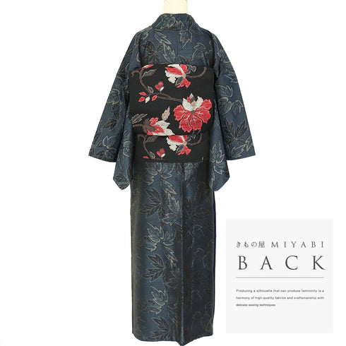 紬 リサイクル 身丈156.8cm 裄63.2cm 袷 葉柄 ネイビー Mサイズ お洒落 カジュアル 正絹 広衿 Sランク