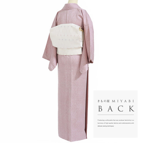 小紋 リサイクル 身丈155.8cm 裄62.4cm 袷 地紋 菱柄 ピンク Mサイズ お洒落 カジュアル 正絹 広衿 Sランク