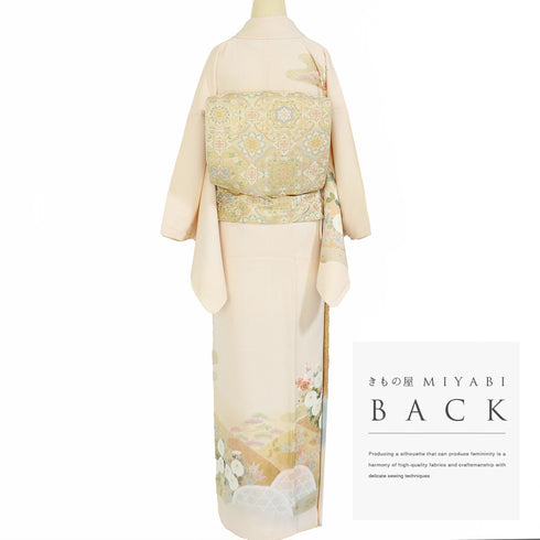 訪問着 リサイクル 身丈158cm 裄65.8cm 袷 御所車に鴛鴦や松竹梅柄 箔 作家 松井青々 ピンク Mサイズ フォーマル セミフォーマル 正絹 広衿 Aランク