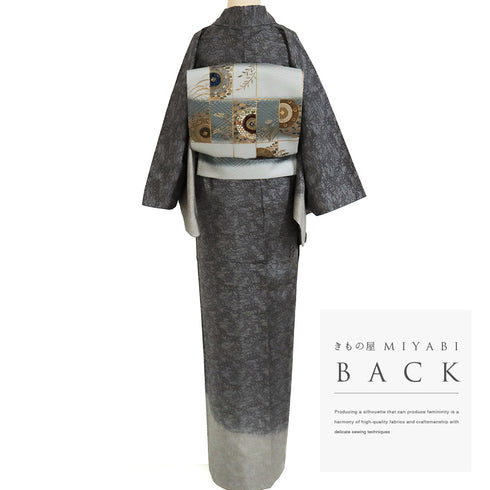 付下げ リサイクル 身丈158.8cm 裄65.2cm 袷 大島紬 草花柄 グレー Mサイズ お洒落 正絹 広衿 Sランク