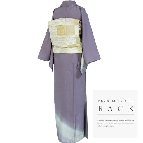 訪問着 リサイクル 身丈159cm 裄66.4cm 袷 紬 ゆったりサイズ 源氏香柄 青海派模様 松尾光琳作 パープル Mサイズ お洒落 落款 しつけ糸 正絹 広衿 Sランク