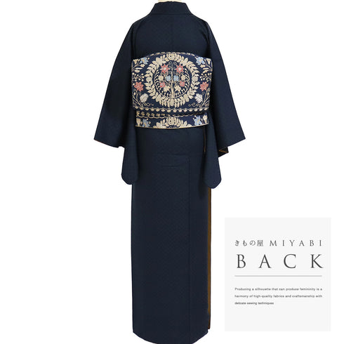 紬 リサイクル 身丈164cm 裄65cm 袷 市松柄 地紋 パールトーン加工 ネイビー Lサイズ お洒落 落款 しつけ糸 正絹 広衿 Sランク